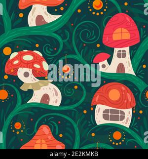 Motif sans couture avec maison de Porcini de conte de fées sur un liana avec lanternes pour fées et gnomes sur fond vert. Une maison fabuleuse pour les petits Illustration de Vecteur