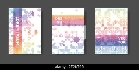 Couverture abstraite arc-en-ciel avec mosaïque de couleur arabe. Ensemble d'affiches géométriques de désintégration. Catalogue A4 vectoriel, magazine, kit de couverture moderne Illustration de Vecteur