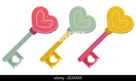 Ensemble de clés à thème de la Saint-Valentin avec forme de coeur isolée sur blanc Illustration de Vecteur