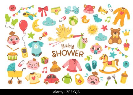 Grand ensemble de jolis éléments dessinés à la main pour bébé et nouveau-né. Objets de dessin animé isolés sur fond blanc. Vêtements, jouets et accessoires d'entretien colorés pour bébé. Illustration de Vecteur
