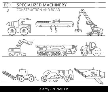 Ensemble spécial d'icônes vectorielles linéaires pour la construction industrielle et les machines routières isolées sur blanc. Illustration Illustration de Vecteur