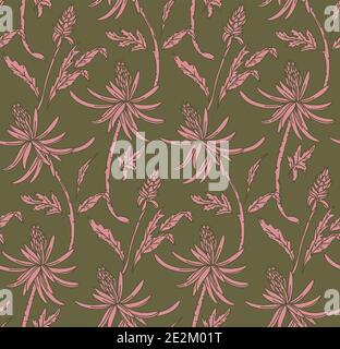 Motif fleuri répété, imprimé nature sans coutures. Ornement floral fond kaki vert poussière rose tendance art de ligne pour tissus, papier d'emballage, tapi mural Illustration de Vecteur