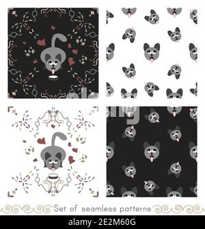 Ensemble de motifs sans couture. Lait de chat gris et têtes de chat gris qui dépassent de leur langue. Drôle et mignon. Vecteur. Illustration de Vecteur