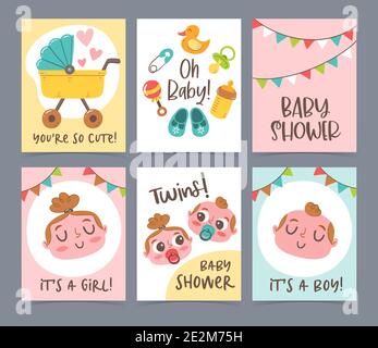 Jolie collection de cartes de naissance dessinées à la main. Cartes-cadeaux et invitations pour la douche de bébé. Petit garçon, petite fille et jumeaux. Illustration de Vecteur