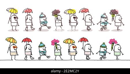 Dessin main de dessin de dessin de l'homme en mouvement, la marche a jeté les quatre saisons - deux ensembles Illustration de Vecteur