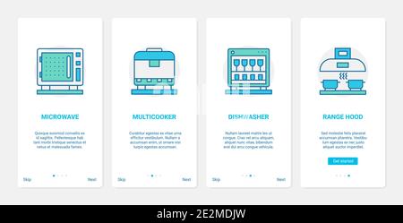 Appareils électroniques pour la cuisine maison moderne illustration vectorielle de la technologie. UX, UI Onboarding mobile application page écran avec ligne four micro-ondes multicuiseur extracteur lave-vaisselle symboles hotte Illustration de Vecteur