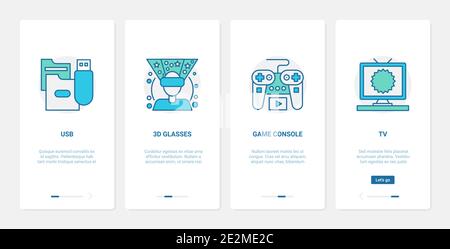 Appareils multimédias électroniques, illustration vectorielle de divertissement. UX, UI Onboarding mobile application page écran set avec ligne de réalité virtuelle 3d lunettes pour jeux vr, TV set console de jeux symboles de connexion usb Illustration de Vecteur