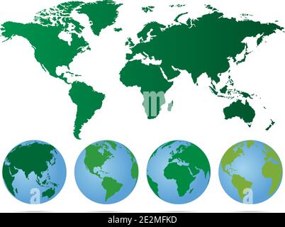 Ensemble de globes avec différents continents et une carte de la terre Illustration de Vecteur