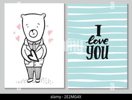 Carte de Saint-Valentin romantique. Porter en costume avec coeur. Illustration vectorielle dessinée à la main d'un joli ours avec cœur. Illustration de Vecteur