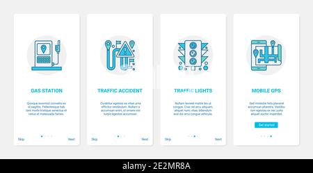 Illustration du vecteur de service de navigation GPS. UX, écran de la page d'application mobile d'intégration de l'interface utilisateur avec station-service de ligne, alerte de l'emplacement de l'accident de transport de voiture, symboles de feux de circulation dans le navigateur de téléphone Illustration de Vecteur