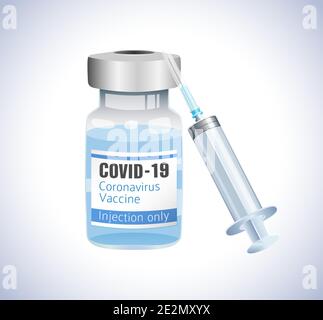 Kit médical vectoriel 3D réaliste. Concept d'affiche de vaccin par injection de coronavirus COVID19. Modèle de conception graphique isolé abstrait. Bouteille de verre de médecine Illustration de Vecteur