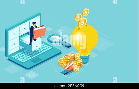 Vecteur d'un homme d'affaires tenant un dossier avec des documents de l'archive gérant la base de données numérique en ligne permettant d'économiser de l'argent pour les clients Illustration de Vecteur