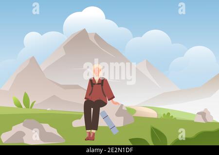 Femme en été aventure vecteur illustration. Caricature femme de caractère touristique assis sur pierre, appréciant le paysage magnifique de la nature avec des montagnes et vert medow d'été, arrière-plan de tourisme Illustration de Vecteur