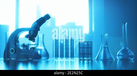 Tubes à essai et microscope optique. Instruments de laboratoire, avec rétroéclairage et profondeur de champ. Science microscopique et concept de recherche. Banque D'Images