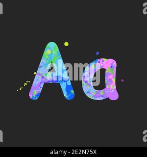 Lettres MAJUSCULES et minuscules avec effet de taches de peinture liquide en bleu, vert, rose, isolé sur le gris foncé. Élément de décoration pour la conception d'un prospectus, d'une affiche, d'une couverture, d'un titre. Vecteur Illustration de Vecteur
