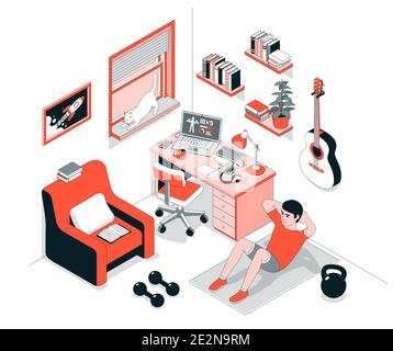 Home entraînement - exercice abs. Crunch dans la salle de travail Illustration de Vecteur