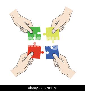 Quatre mains pour créer un puzzle bleu, vert, rouge et jaune. Illustration de Vecteur