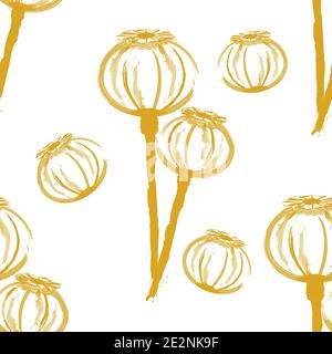 Motif coquelicots sans coutures. Dessin de têtes de pavot de couleur dorée sur fond blanc.motif de légumes aquarelle pour la conception de tissu, dos Illustration de Vecteur