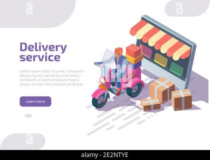 Service de livraison page d'arrivée isométrique. Ourier sur moto livre des boîtes, colis postaux, achats sur le site Web de commerce électronique. Application en ligne pour le service de pilote de messagerie, bannière Web 3d Vector. Illustration de Vecteur