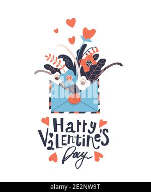 Lettre d'amour ouverte avec fleurs à l'intérieur sur l'illustration vectorielle d'enveloppe. Bonne Saint Valentin lettrage à la main Illustration de Vecteur