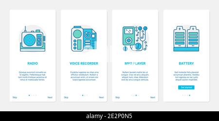 Appareils électroniques permettant de lire ou d'enregistrer de la musique, illustration vectorielle de son audio. UX, UI Onboarding mobile application page écran set avec batterie ligne radio Sound Recorder symboles de lecteur mp3 pour la boutique en ligne Illustration de Vecteur