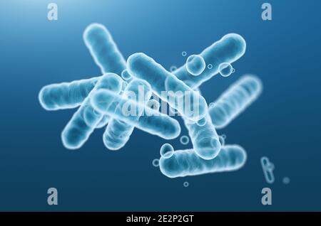 Gros plan sur le rendu 3d des bactéries bleues microscopiques. Banque D'Images