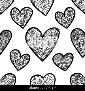 Livre de coloriage pour le thème de la Saint-Valentin. doodle antistress à la main dessiné en forme de coeur. Style zen enchevêtrement. Motif sans couture Illustration de Vecteur