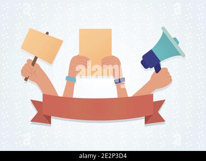 ruban décoratif avec mains tenant un élément de protestation sur fond blanc, design coloré, illustration vectorielle Illustration de Vecteur