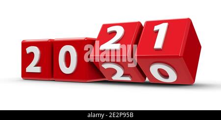 Les cubes rouges avec un changement de 2020-2021 sur une table blanche représentent la nouvelle 2021, rendu tridimensionnel, illustration 3D Banque D'Images