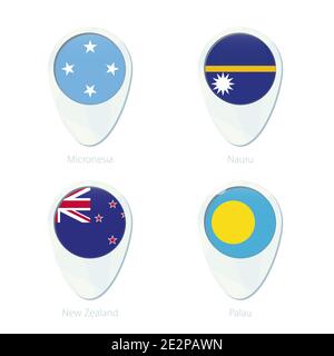 Micronésie, Nauru, Nouvelle-Zélande, Palau drapeau emplacement carte icône PIN. Drapeau de la Micronésie, drapeau de Nauru, drapeau de la Nouvelle-Zélande, drapeau des Palaos. Illustration vectorielle. Illustration de Vecteur