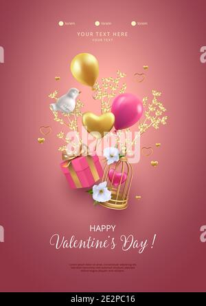 Affiche de la Saint-Valentin. Composition romantique avec cage à oiseaux volante, boîte-cadeau, oiseau en porcelaine et branche d'arbre doré. illustration 3d Illustration de Vecteur