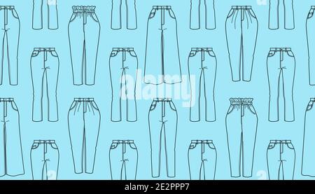 Motif sans couture des jeans, des culottes, des mamans, des slouchy, des classiques droits, sac en papier. Illustration vectorielle sur fond bleu. Illustration de Vecteur