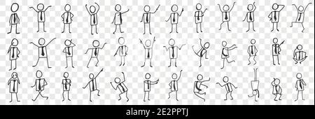 Homme d'affaires en cravate ensemble de doodle. Collection de silhouettes dessinées à la main d'homme d'affaires en cravate exprimant des émotions avec des mains isolées sur fond transparent. Illustration d'un sentiment d'excitation de la part des employés de bureau Illustration de Vecteur