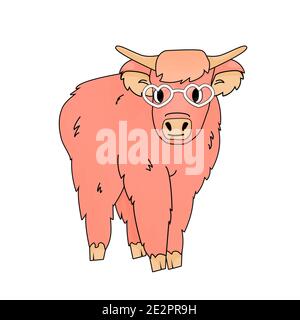 Porte-vaches et looks rose mignons et heureux. Des lunettes blanches à coeur pour la fête de la Saint-Valentin sont sur son visage. L'animal isolé est sur fond blanc Illustration de Vecteur