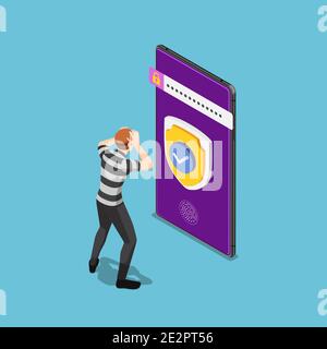Flat 3d Isométrique Thief ou Hacker n'a pas réussi à pirater le smartphone avec le système de sécurité. Concept de cybersécurité et de protection des données. Illustration de Vecteur