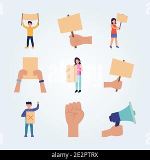 les mains et les gens protestataires icône sur fond blanc, design coloré, illustration vectorielle Illustration de Vecteur