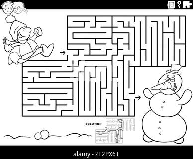 Illustration de dessin animé noir et blanc du jeu de puzzle éducatif de labyrinthe pour les enfants avec la page de livre de coloriage de garçon et de bonhomme de neige Illustration de Vecteur