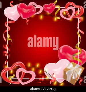 Jour de la Saint-Valentin fond rouge foncé avec coeurs roses et rouges, guirlandes brillantes, boîte de cadeaux, guirlande. Jolie composition romantique pour carte de vœux, prospectus Illustration de Vecteur