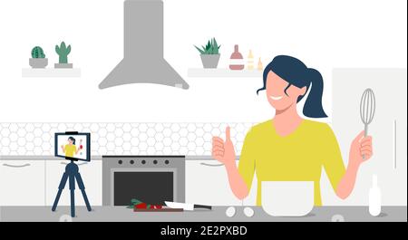 Blogueur de nourriture streaming en direct. Une belle femme enregistre un tutoriel vidéo de cuisine en ligne sur son téléphone. Femme communiquant avec les abonnés par Illustration de Vecteur