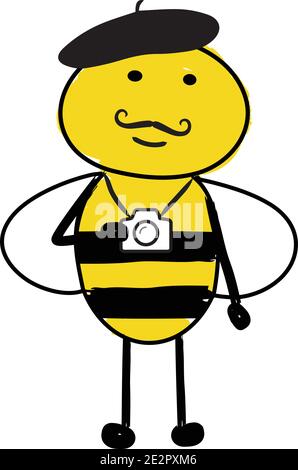 abeille de dessin animé avec moustache, béret, et tenant l'appareil photo. Abeille artistique créative Illustration de Vecteur