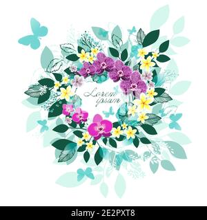 Cadre abstrait avec feuilles et orchidées. Illustration vectorielle Illustration de Vecteur