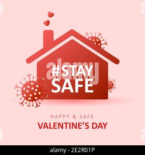 Saint-Valentin jour 2021. Coronavirus et vacances. Restez en sécurité. Autocollant de l'auto-isolement sur les médias sociaux. Mesures de distance pour prévenir la propagation du virus. Vecteur Illustration de Vecteur