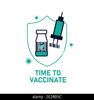 Le temps de vacciner. Concept moderne et plat pour la conception de sites Web. Illustration vectorielle avec seringue avec vaccin, flacon et virus. Illustration de Vecteur