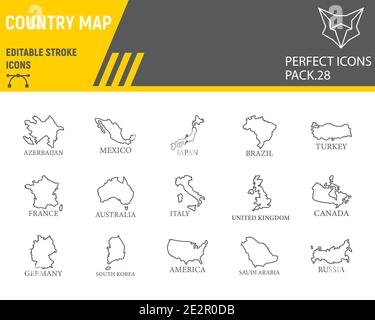 Carte de l'ensemble d'icônes de pays, collection de pays, croquis vectoriels, illustrations de logo, icônes de pays de carte, pictogrammes linéaires de panneaux de voyage, modifiable Illustration de Vecteur