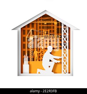 Maison de style artisanal coupée en papier avec ouvriers de construction, grues de tour, silhouettes de bâtiments, illustration vectorielle. Illustration de Vecteur