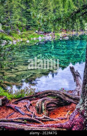 Belles réflexions dans les alpes suisses lac Lago di Saoseo, HDR Banque D'Images