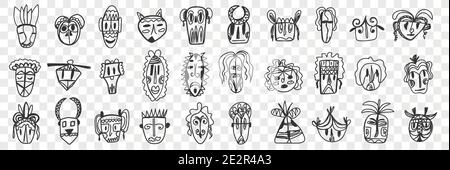 Divers masques anciens africains ensemble de doodle. Collection de masques dessinés à la main d'ethnies africaines avec différents modèles et formes isolés sur fond transparent. Illustration de l'afrique Illustration de Vecteur