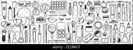 Ensemble d'outils de maquillage et de produits cosmétiques. Collection de parfums dessinés à la main, crèmes, miroirs, pinceaux, fard à paupières, mascara et vernis à ongles isolés sur fond transparent. Illustration du maquillage Illustration de Vecteur