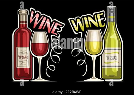 Logos vectoriels pour le vin rouge et blanc, illustrations vectorielles de bouteilles de vin classiques avec étiquette décorative et demi-verres de dessin animé, lettre unique Illustration de Vecteur