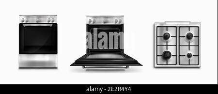 Four, appareils électriques et à gaz de cuisine vue sur le dessus et l'avant. Cuisinière ouverte ou fermée technique domestique avec interrupteurs. Home TECH équipement isolé blanc fond réaliste 3d vecteur illustration Illustration de Vecteur